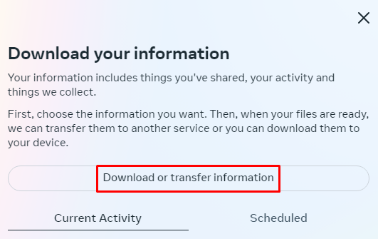 Instagram's Download your information sheet, with the Download or transfer information button outlined