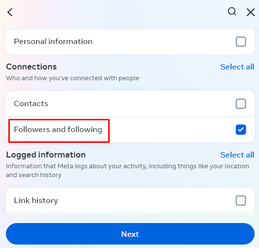 Instagram's Connections list with the Followers and following checkbox ticked